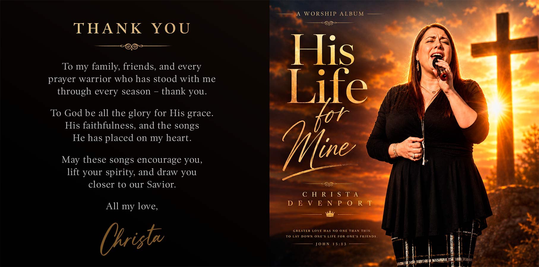 The open CD insert of His Life for Mine, showing the album cover and Christa's printed thank-you note.